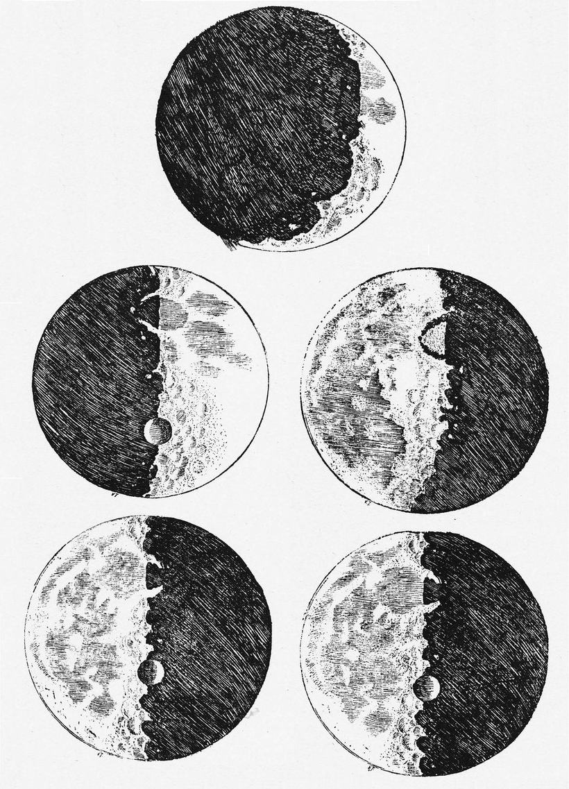 Galileo's ink wash drawings of the Moon's phases showing craters